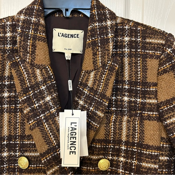 L'AGENCE Kenzie Plaid Tweed Double-Breasted Blazer in Brown / Gold Size 6 - Picture 10 of 15
